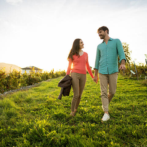 Pärchen spaziert im Herbst durch die Weinreben